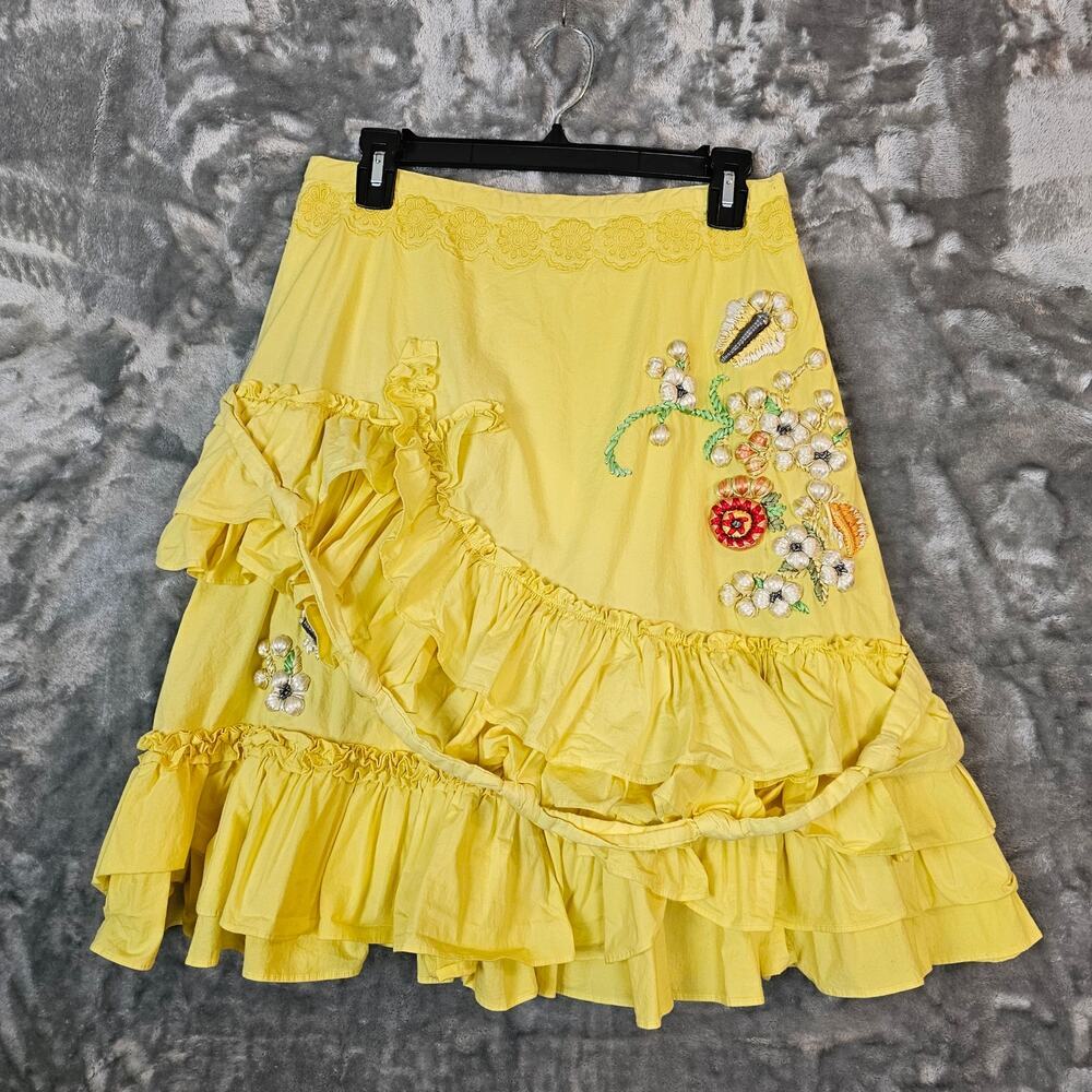 Lithe Anthropologie Skirt Womens 6 Yellow Floral Applique Boho Chique Romantic